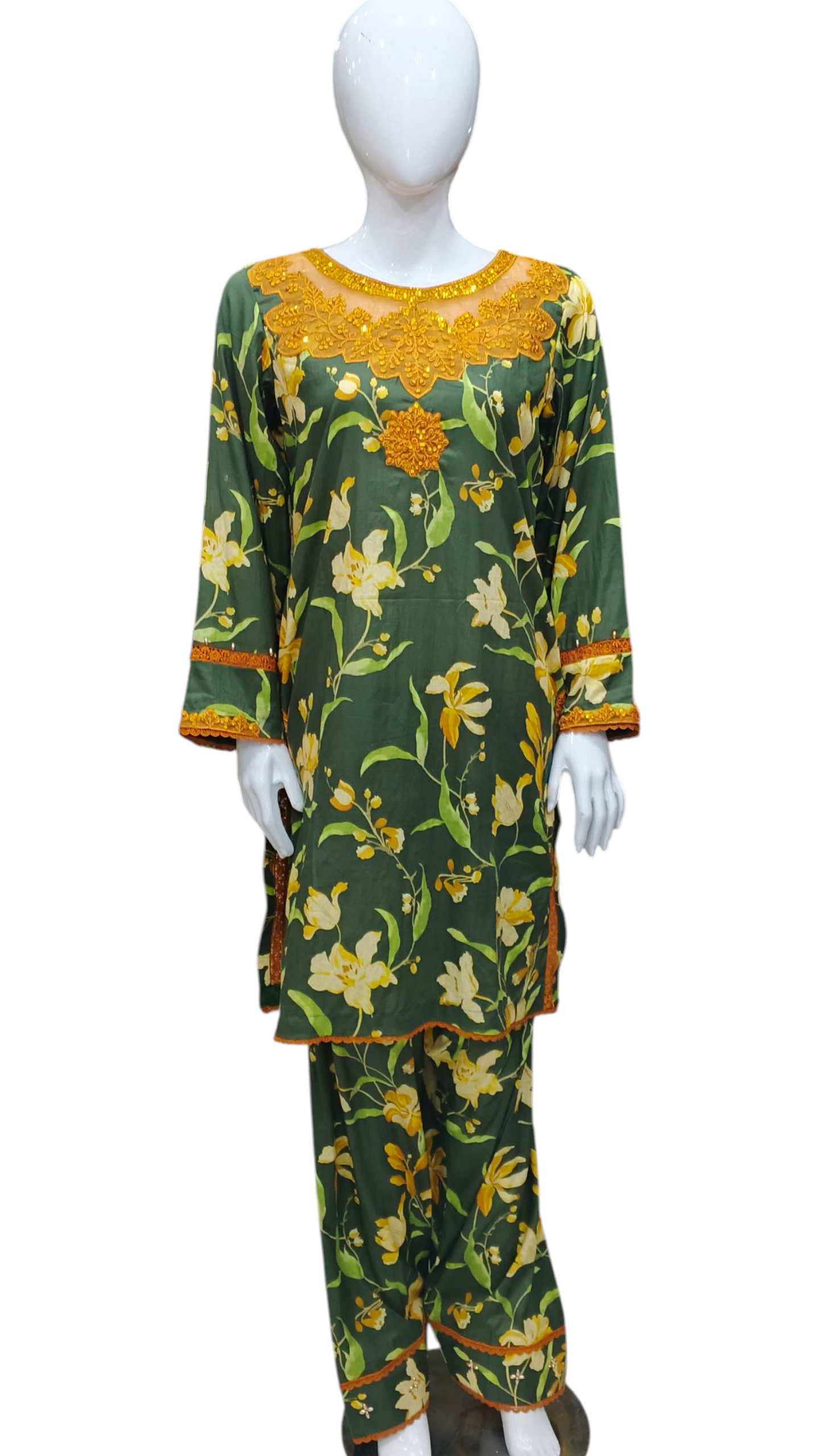 Bareeze Lawn Embroided Neck  With Lacing Chawk Farshi Shalwar 2pc suit